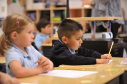 A young man learns while writing carefully